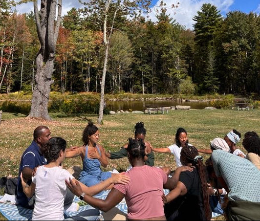 Group of people sitting on a grassy area with trees and a clear blue sky.